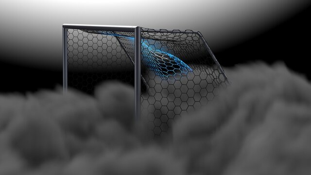 Clear Glass Soccer Ball in the Goal Net under black-white lighting with dark  toned foggy smoke background. 3D illustration. 3D CG. High resolution.