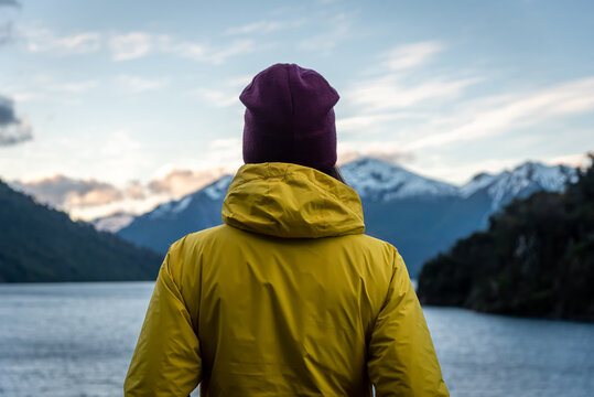 Back view of an alone hiker on a mountain landscape