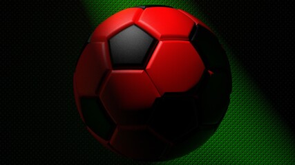 Fototapeta premium Black-Red Soccer ball on the green metallic painted wall under slit light. 3D illustration. 3D CG. 3D high quality rendering.