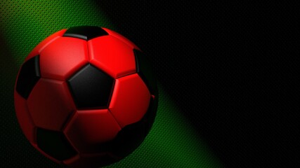 Fototapeta premium Black-Red Soccer ball on the green metallic painted wall under slit light. 3D illustration. 3D CG. 3D high quality rendering.