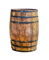 big barrel brown old and weathered standing upright on an isolated white background