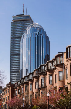 Boston Brownstones with Skyscraper blooming in Spring