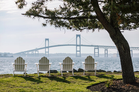 Adirondack Chairs and Newport Bridge in Newport, Rhode Island