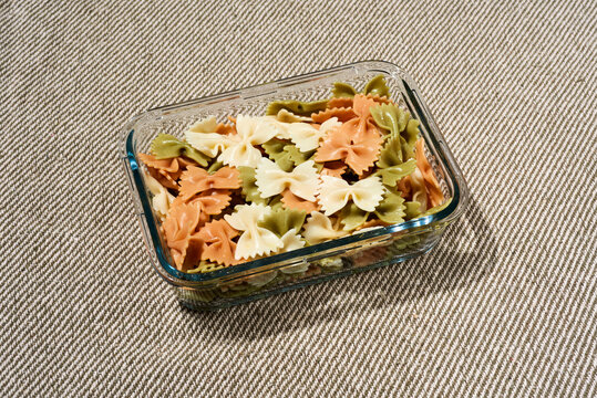 cooked farfalle in a glass tray