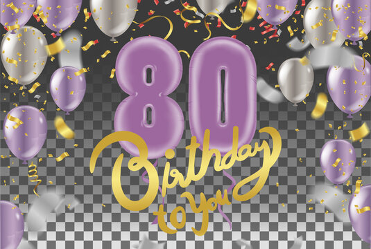 80 years anniversary and birthday with template design on background colorful balloon and colorful tiny confetti pieces for celebration