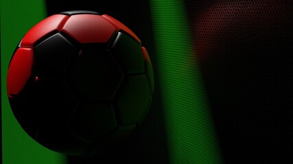 Black-Red Soccer ball on the green metallic painted wall under slit light. 3D illustration. 3D CG. 3D high quality rendering.