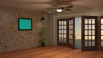 海の見える部屋 壁に掛けられた額縁 額 コピースペース 絵画 写真