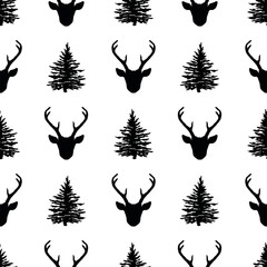 Seamless pattern with deer heads and trees