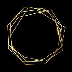 Golden shiny glowing polygonal frame isolated over black