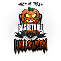 Happy Halloween. Template basketball design. Logo basketball ball in the form of a pumpkin on an isolated background. Pattern for banner, poster, greeting card, party invitation. Vector illustration