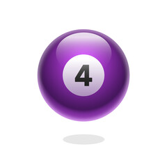 Realistic purple sphere. Violet billiard ball with number four. Vector 3d illustration. Glossy shiny ball with number 4. Shiny ball with number for billiard snooker pool games. Sport icon. Purple ball