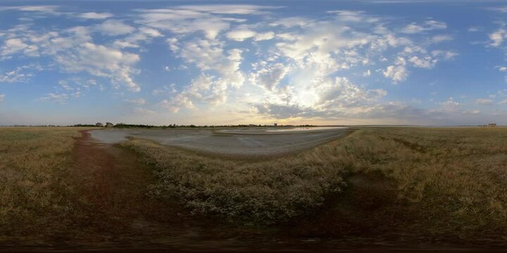 4K 360 VR Virtual Reality. Sunset on the salty estuary of the Azov Sea. Time Lapse