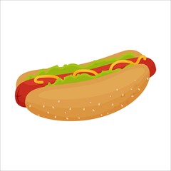 Colorful delicious hotdog with sausage, mustard, lettuce and sesames on buns isolated on white background. 