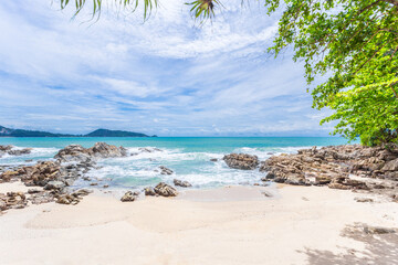 Summer holiday and vacation background concept of beautiful leaves frame trees on tropical beach.