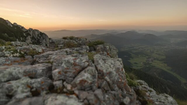 Sunset at the top of schneeberg in austria, awesome ROCKS, moving Slider SHot with Lights in Tale