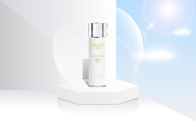 Cosmetic skincare set ads with strong sunbeam and clear white wall background in 3d illustration