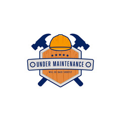 Under maintenance website illustration badge, work shop badge logo icon symbol with hard hat and hammer illustration