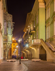 Prague - The nightly look on the Ovocný trh street and the buildings Karolinum and Stavovske theater.