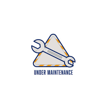 Workshop garage logo icon symbol sign with wrench, under maintenance logo icon with wrench fixer illustration on triangle emblem badge signage