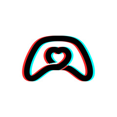 a gamepad with a heart shape inside, good for business with a game theme logo. glitch effect.