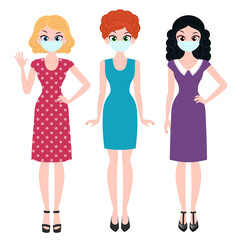 Young women characters wearing medical mask isolated on white background