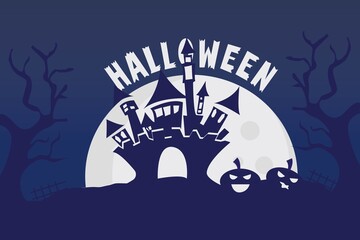 Happy Halloween, ghost night with pumpkins and in a dark night, full moon, ghost house-vector illustration