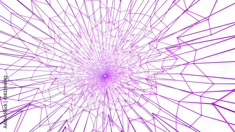 Poster three-dimensional tunnel made of purple deforming mesh on a white background. loop abstract backgrou