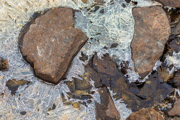 view of cracked ice among rocky stones