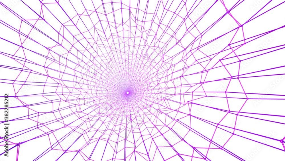 Poster three-dimensional tunnel made of purple deforming mesh on a white background. loop abstract backgrou