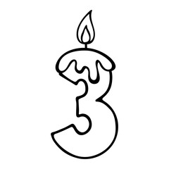 Cute number 3. Hand drown three figure candle. Design for baby birthday, baby party invitation, logo, sticker, greeting card, shirt print. Happy first birthday. 3rd anniversary celebration Template.