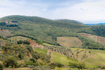 Fototapeta na wymiar View of the Tuscan valley with country houses, vineyards, cypresses and olive groves in autumn