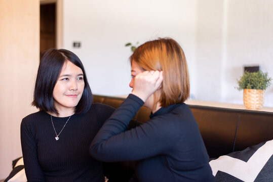 Asian woman encourage to her friend at home,Suicide prevention,Positive attitude and open mind,Mental health care concept