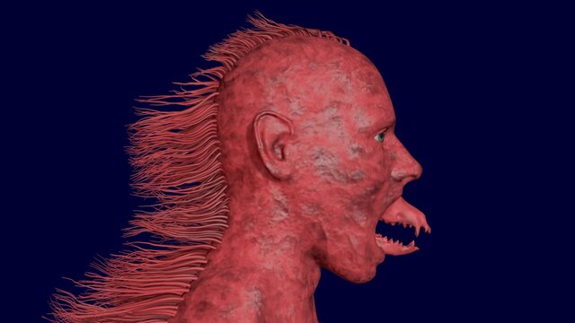 Skinwalker supernatural humanoid creature with large sharp teeth fangs. 3d render illustration