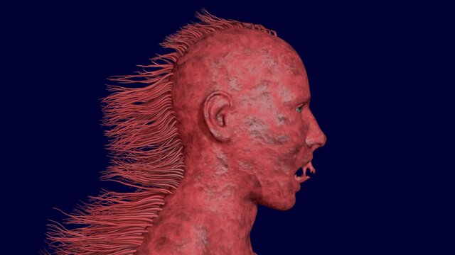 Skinwalker supernatural humanoid creature with large sharp teeth fangs. 3d render illustration