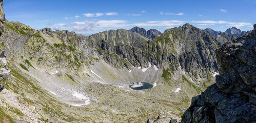 High Tatras - Slovakia - The the look to Okruhle pleso from Bystre sedlo mountain gap with the Strbsky and Rysy pak on the righ.