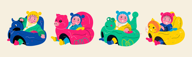 Cute babies sitting in seats. Lovely animal infant safe support seat learning sitting chair protectors. Set of baby or toddler characters. Vector illustration isolated in flat cartoon, colorful style