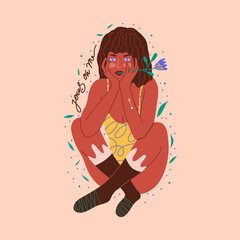 Hand drawn beautiful cartoon amazing sexy fashion girl. Flat vector illustration. Feminism concept design with a quote - Focus on me. Can use for sticker, printable, greeting card, poster