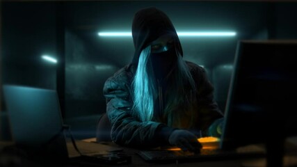 Young anonymous hacker woman with mask. Thief is stealing data from computer or hacking system. Hands in gloves are typing on the keyboard. Theft of cryptocurrency and bitcoin