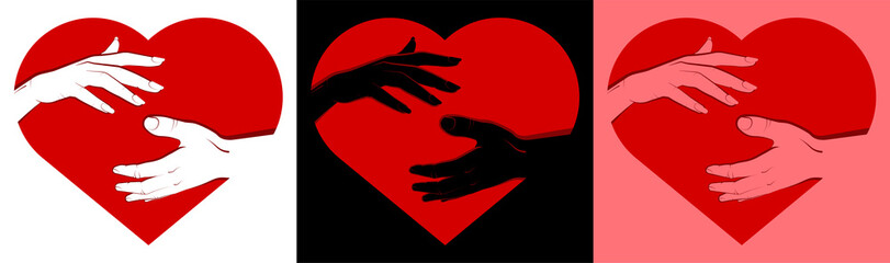 man reaches for woman hand against background of heart. Marriage, family, wedding ceremony. Isolated eyelid on white background