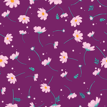 Floral seamless pattern with cosmos flower. cute hand drawing flowers on purple background design. © MiSOOK