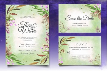 Hand drawn watercolor floral wedding invitation card template