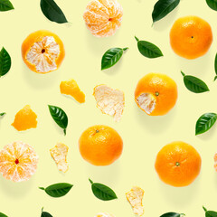 Mandarine seamless pattern, tangerine, clementine isolated on yellow background with green leaves. Collection of fine seamless patterns.