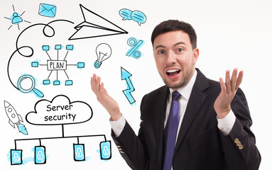 Business, technology, internet and network concept. Young businessman thinks over the steps for...