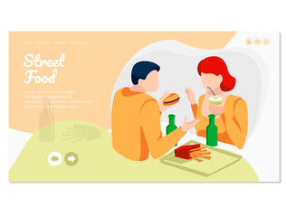 Street food landing page. Young couple eating fastfood dishes and drinking soda drinks. Online food ordering and express delivery service website or mobile app flat vector illustration