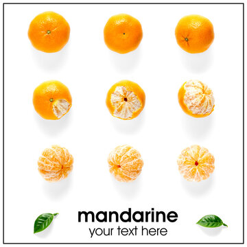 Creative layout of tangerines, mandarines. Unpeeled and peeled ripe tangerines, mandarines, clementines with leaves isolated on white background.