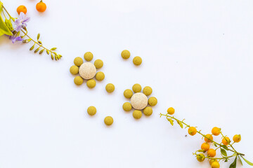 herbal cough sore throat pastille  for health care arrangement flat lay style on background white 