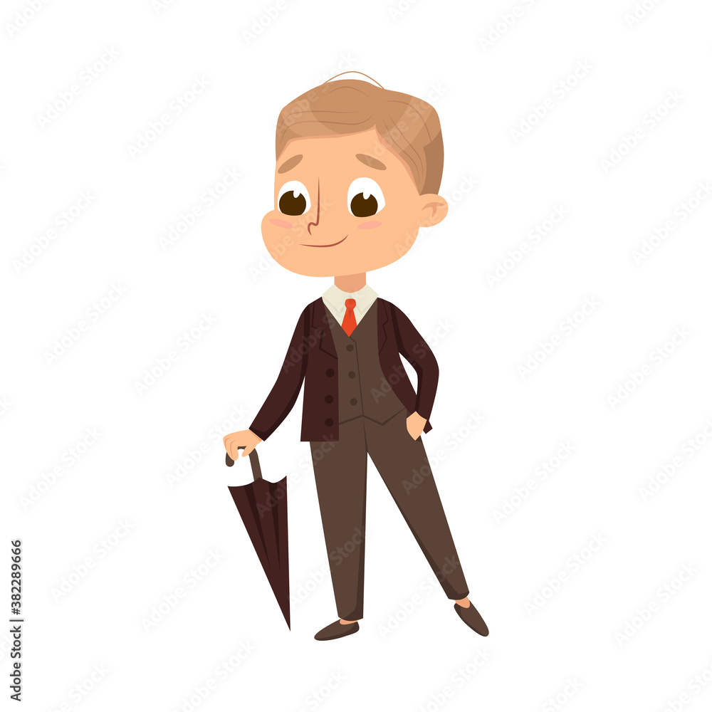 Poster little gentleman in elegant suit with umbrella cane, cute boy in retro clothes cartoon style vector 