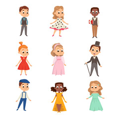 Cute Kids in Elegant Clothes Set, Cute Boys and Girls Wearing Retro Clothes Cartoon Style Vector Illustration