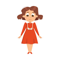 Pretty Little Girl in Elegant Red Dress, Cute Kid Wearing Retro Clothes Cartoon Style Vector Illustration