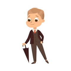 Little Gentleman in Elegant Suit with Umbrella Cane, Cute Boy in Retro Clothes Cartoon Style Vector Illustration